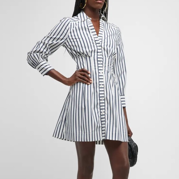 A-Line Veronica Beard Cinched Waist Button Up Striped Long Sleeve Blouse Dress - Picture 6 of 6